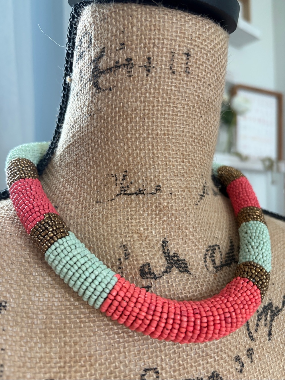 Beaded Colorblock Statement Necklace - Coral & Mint